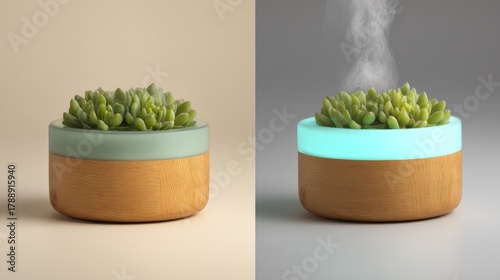 Modern tabletop humidifier featuring a succulent plant sits beside its illuminated, misting counterpart