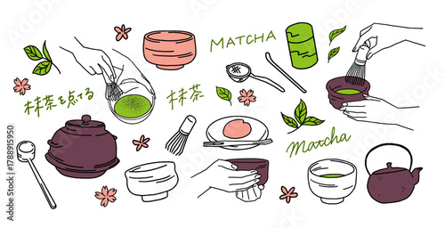 抹茶の茶碗、茶筅、茶葉などの抹茶を立てる道具と日本語文字の手描きベクターイラスト素材セット Hand-drawn vector illustration set featuring matcha bowls, tea whisks, tea leaves, and more.