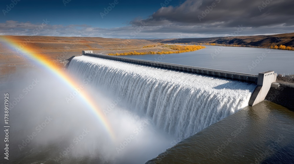Obraz premium Dam Landscape with Rainbow - Environmental Power Stock Photo, Nature, Travel