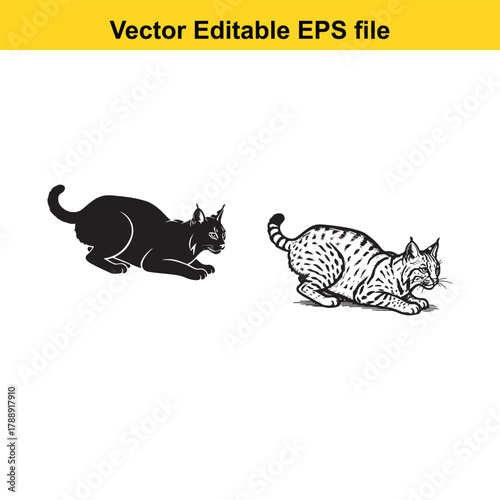 Black silhouette and line art drawing of a lynx in a crouching pose