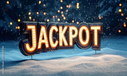 Jackpot sign illuminating snowy winter scene. Concept of holiday winnings, bonus, success, or festive casino theme