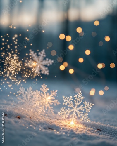 Snowflakes floating through the air with sparkling lights - bokeh background