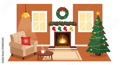 Cozy Christmas Living Room with Fireplace and Decorated Tree.