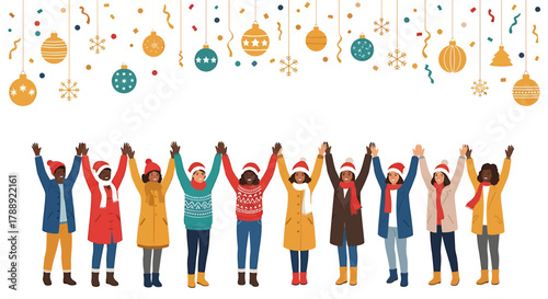 Diverse Group of People Celebrating Christmas Together Holding Hands.