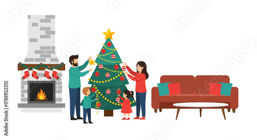 Family decorating Christmas tree in cozy living room illustration.