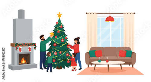Family Decorating Christmas Tree in Cozy Living Room.