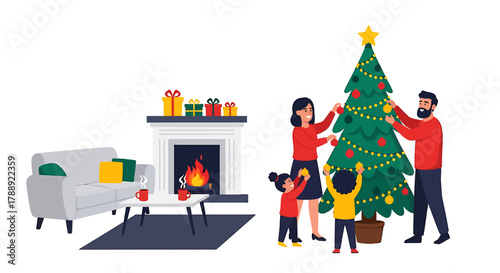 Family Decorating Christmas Tree Together in Cozy Living Room.
