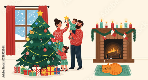 Family Decorating Christmas Tree Together in Cozy Home Setting.