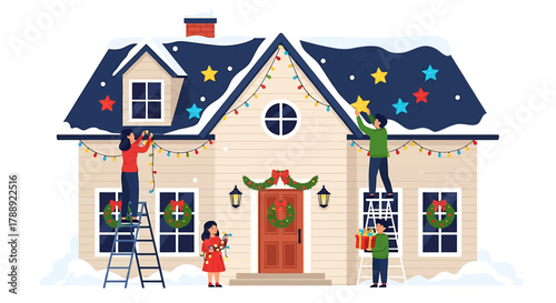 Family Decorating House for Christmas with Lights and Stars.