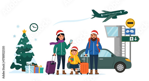 Family Traveling for Christmas Holiday by Airplane with Gifts.