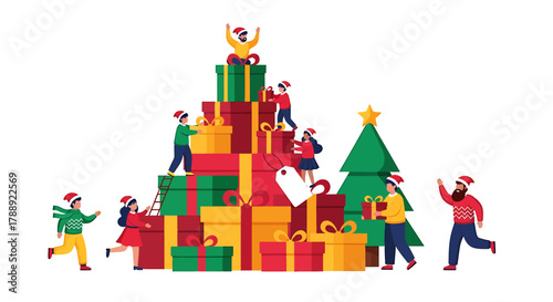Festive Celebration - People Decorating a Christmas Tree Made of Gifts.