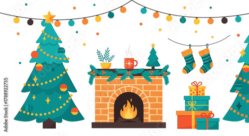 Festive Christmas Scene with Decorated Trees and Cozy Fireplace.