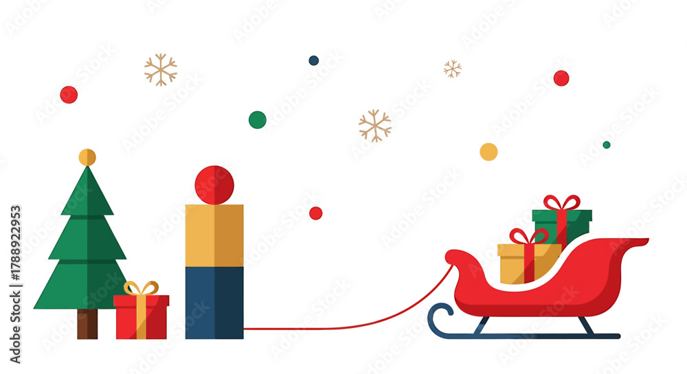 Fototapeta premium Festive Christmas Scene with Tree, Gifts, and Sleigh Illustration.