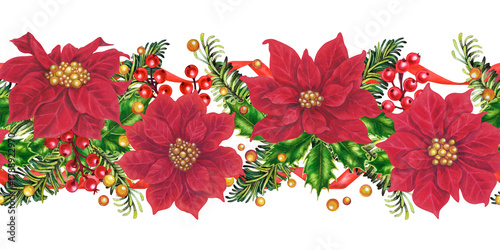 Red poinsettia. Christmas flowers on a seamless border, on a white background. Watercolor pattern for invitations, greeting cards, tablecloths, table runners, home decor, table setting