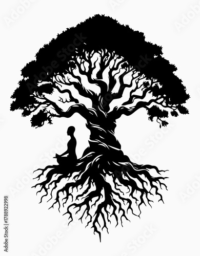 Black and white illustration of a meditating guru sitting near a tree with a large crown and mighty roots. The image symbolizes the strength of a healthy human race. Vector graphics. EPS.