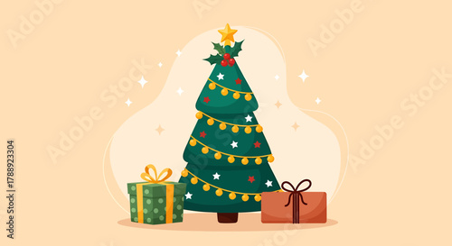 Festive Christmas Tree with Gifts and Decorations Illustration.