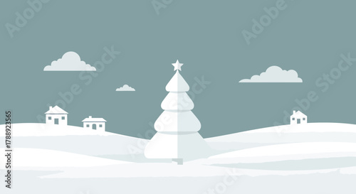 Minimalist Winter Landscape with Christmas Tree and Snowy Hills.