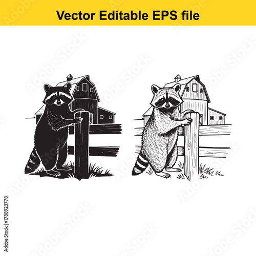 Two raccoons leaning on a fence in front of barns, black and white illustration, vector editable eps file