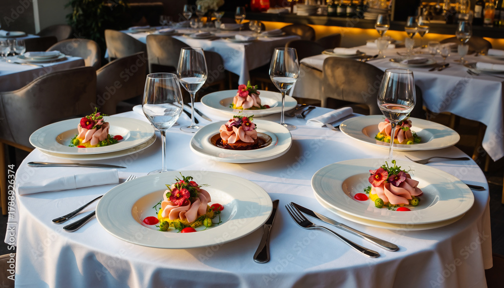 Fototapeta premium Elegant Restaurant Dining Table with Exquisite Dishes