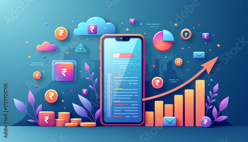 Fintech growth in India infographic vector — digital finance, mobile banking, and online payment illustration with modern flat design and data visualization elements.