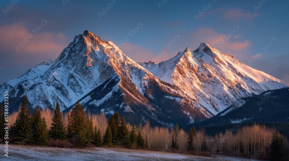 Obraz premium Snow covered peaks stand tall against a vibrant sunset creating a stunning natural scene.