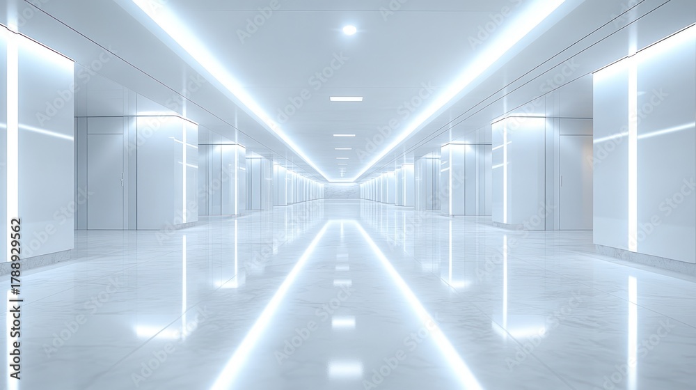 Fototapeta premium Futuristic White Hallway with Sleek Design and Bright Lighting