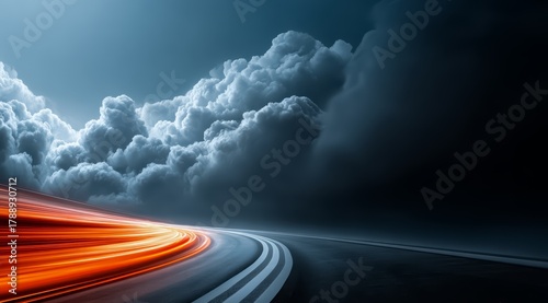 Fototapeta Naklejka Na Ścianę i Meble -  Long road with a bright orange line on it. The road is empty and the sky is dark and cloudy