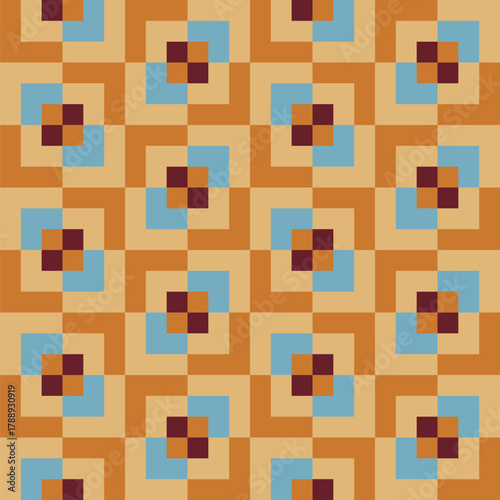 Retro pattern created from overlapping, different sized, gold, cream, blue and deep maroon squares
