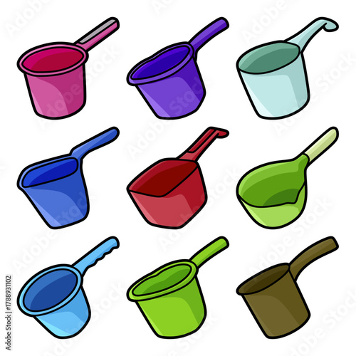collection of images of various colored plastic water dipper, simple vectors.eps
