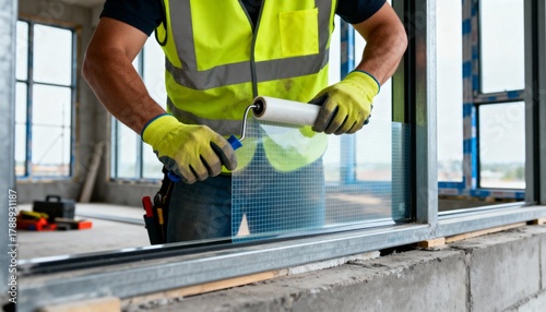 Medium shot capturing the installation of seismicresistant glass reinforcement films on building windows to enhance safety during earthquakes.