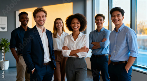 Group of diverse smiling business professionals standing together in a modern office reception area near a bright window showing successful teamwork and corporate leadership.