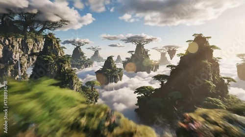Enchanting Floating Islands With Lush Vegetation And Waterfalls In A Mystical Sky.