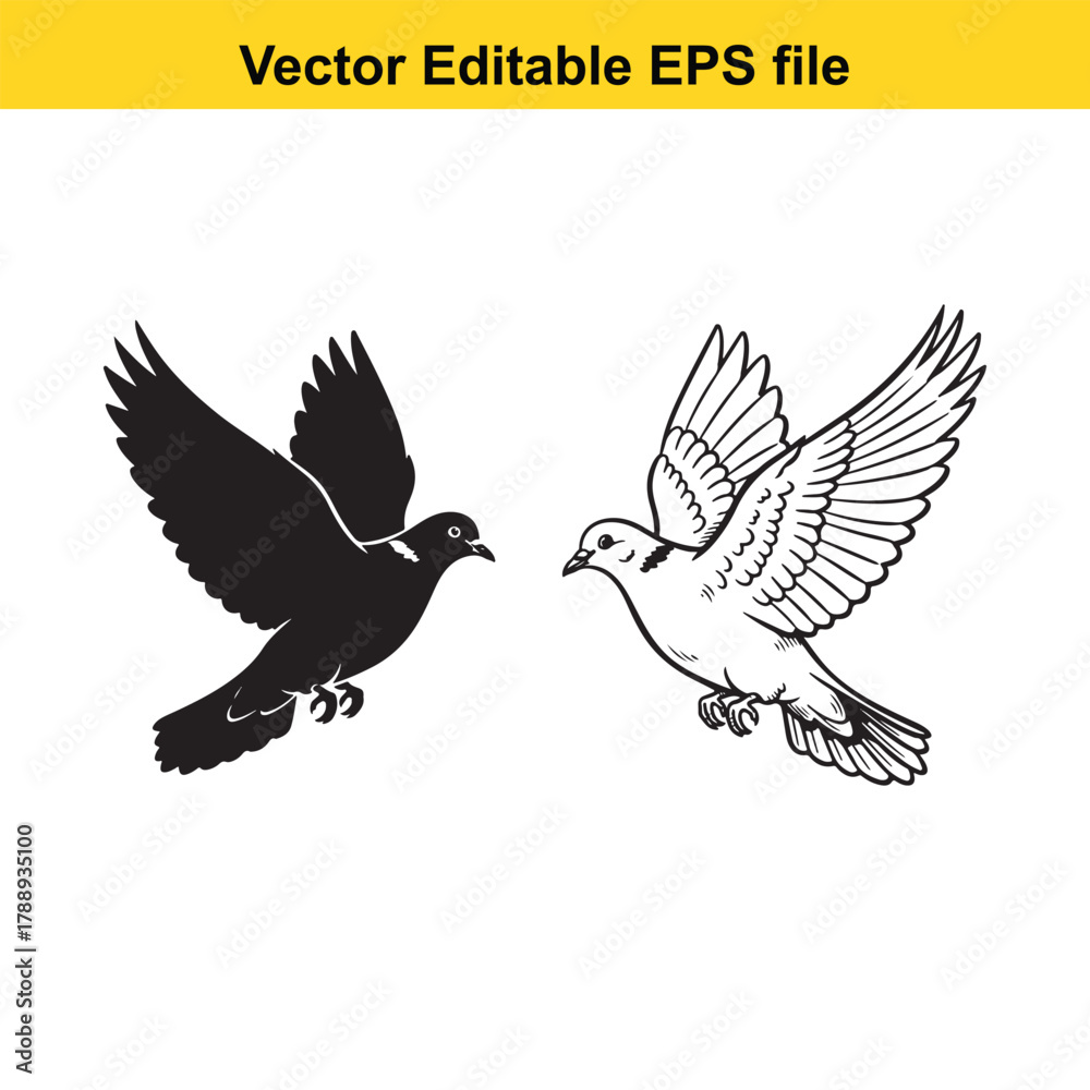 Obraz premium Two doves flying, one black silhouette and one white line drawing