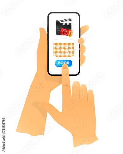 People hold smartphones with cinema passes. Buy tickets online. Cinema tickets booking smartphone interface. Vector illustration.