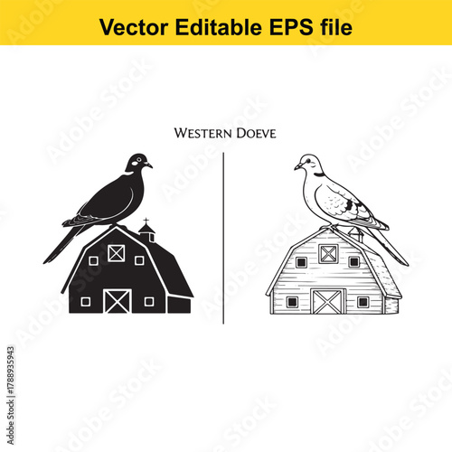 Two stylized barn illustrations, one solid black silhouette and one line art, each featuring a bird perched on top, with text western dove on the second image