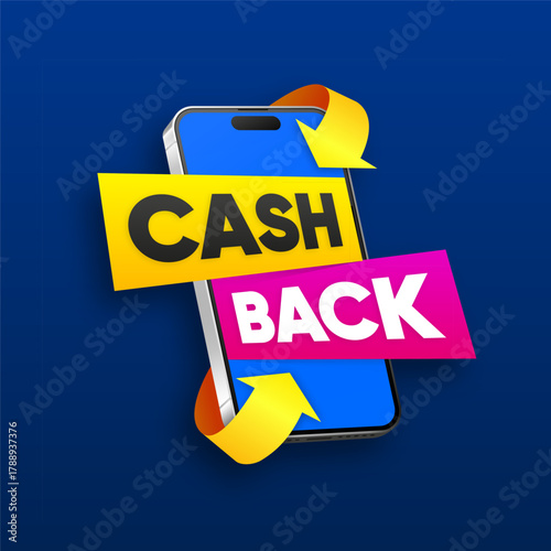 Smartphone with Cashback label. Cashback or money back label. Online shopping. Vector illustration.