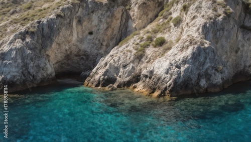 Coastal Cliffside Serenity - Turquoise Waters Meet Rugged Rock Formations.