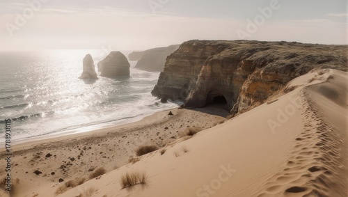 Coastal Landscape with Cliffs and Ocean under a Sunny Sky.