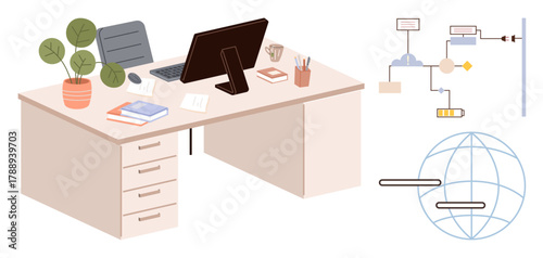 Computer on desk with books, plants, stationery. Workflow diagrams and globe elements represent digital networking, organization, process automation. Ideal for workspace, office, technology