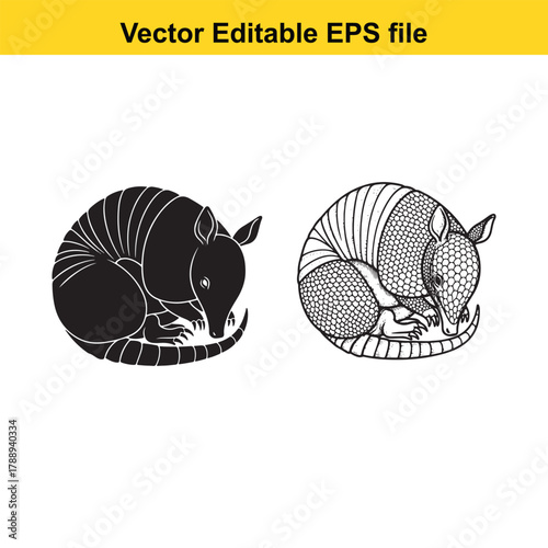 Two stylized armadillo illustrations, one solid black and one line art, curled up in a ball on a