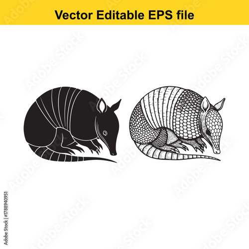 Two armadillos, one solid black and one detailed line art, curled up in a ball