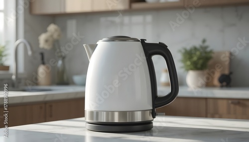 Brewing freshness with a modern white electric kettle in a bright kitchen, the perfect start to any morning with hot tea or coffee, simple kitchen appliance