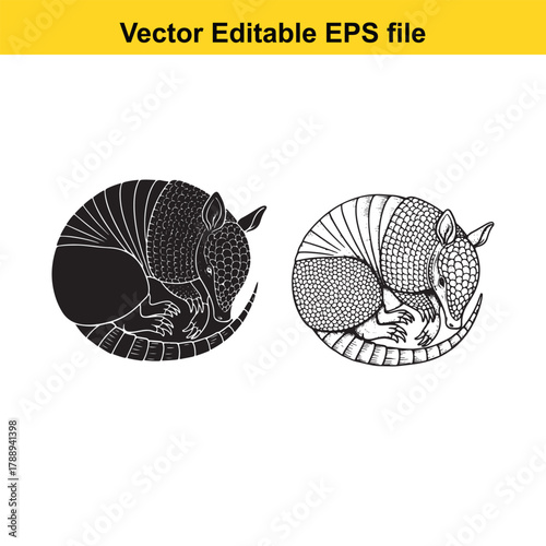 Two armadillos, one solid black and one detailed line art, curled up in a ball