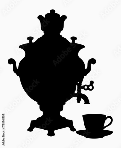 Black and white illustration of the silhouette of an antique samovar and a cup of tea standing on a saucer on a white isolated background. Vector graphics. EPS.