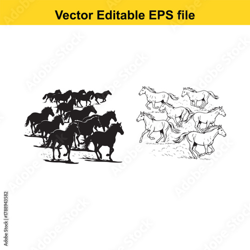 A herd of horses running in silhouette and line art on a