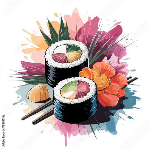 Artistic watercolor illustration of two delicious sushi rolls with colorful fillings and decorative floral elements isolated on white background
