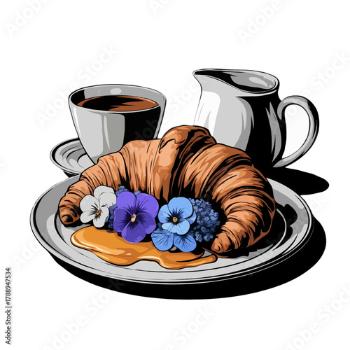 Delicious golden brown croissant with fresh blue flowers and a cup of coffee and cream pitcher isolated on white background