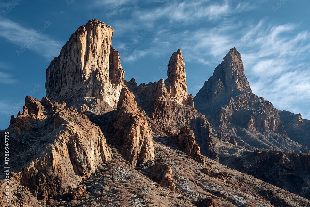 Obraz premium Dramatic Volcanic Peaks and Rock Spires in a High-Altitude Desert Landscape.