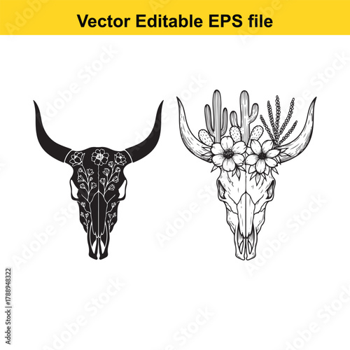 Two bull skulls, one black with floral pattern and one white with cactus and flowers