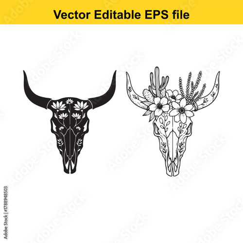 Two bull skulls, one black with floral pattern and one white with cactus and flowers